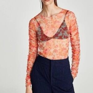 Zara Sheer Floral Ruched Long Sleeve Top See Through Shirt Whimsy Coquette